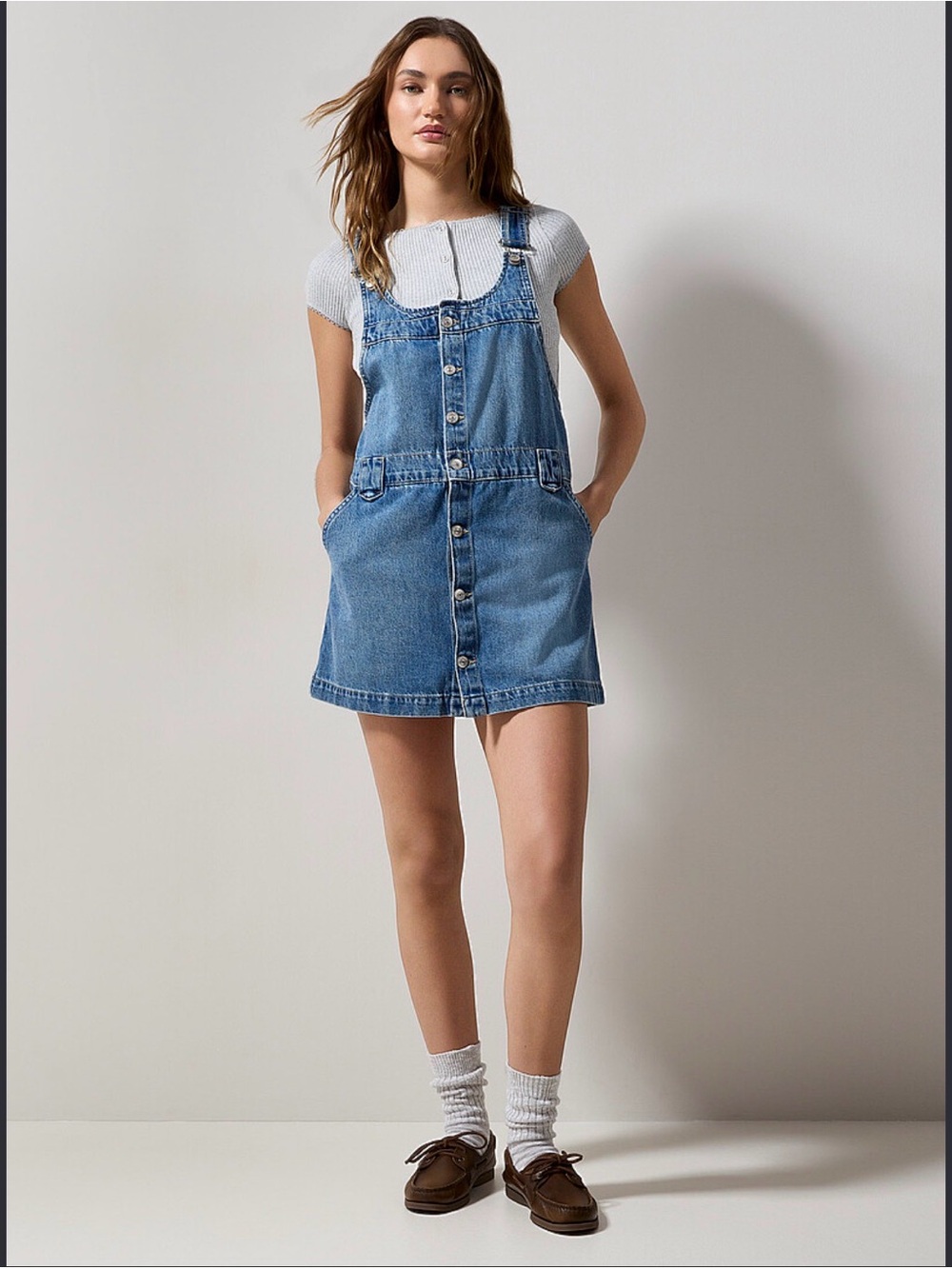 We The Free - Free People Medium Blue Denim Button-Front Overall Dress